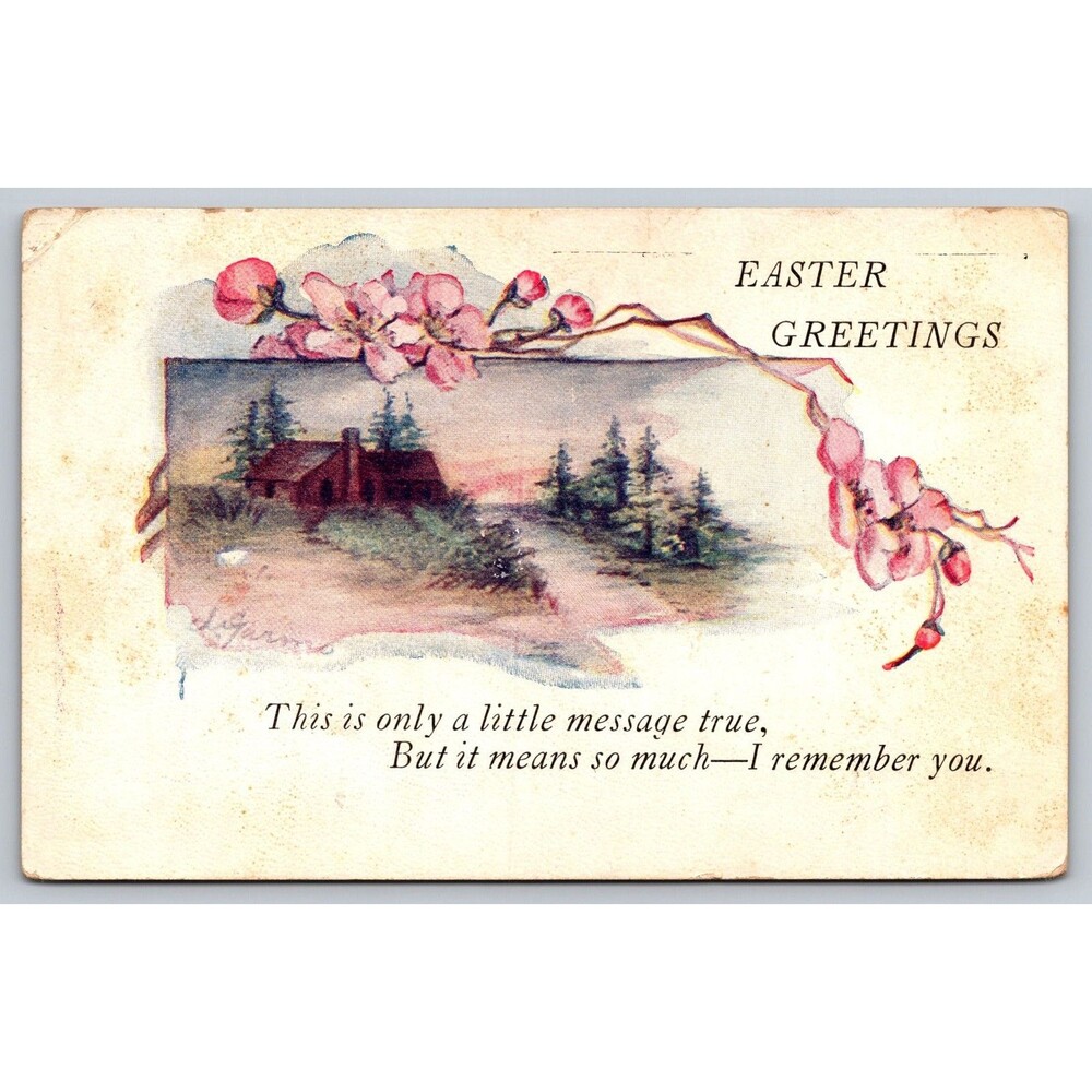 1925 Vintage Easter Postcard Baltimore MD Hand Painted Art Cabin Blossom Tree